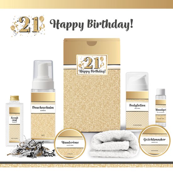 Geschenkset “21 Jaar Happy Birthday!” - 7 producten - 650 gram | Giftset voor haar - Luxe wellness cadeaubox - Cadeau vrouw - Gefeliciteerd - Set Verjaardag - Geschenk jarige - Cadeaupakket - Vriendin - Zus - Verjaardagscadeau - Goud - 21 Dinner