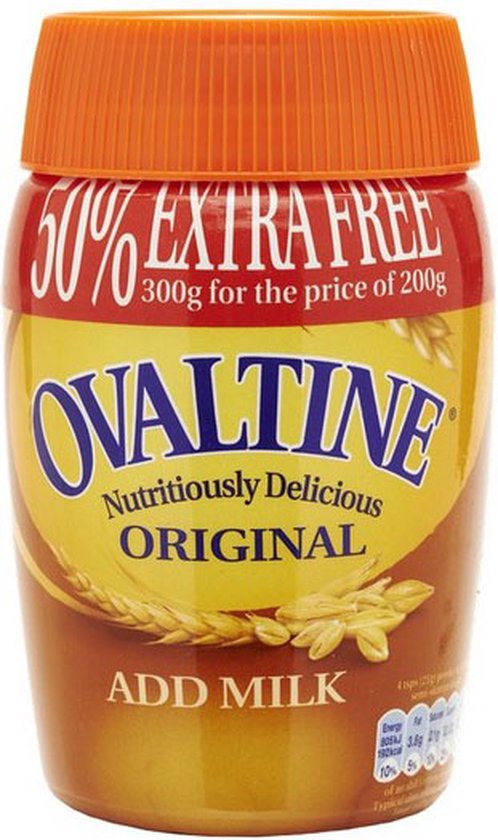 Ovaltine Original met de tekst "50% EXTRA FREE" en "ADD MILK". Oranje dop, geel en bruin etiket met tarweoren.