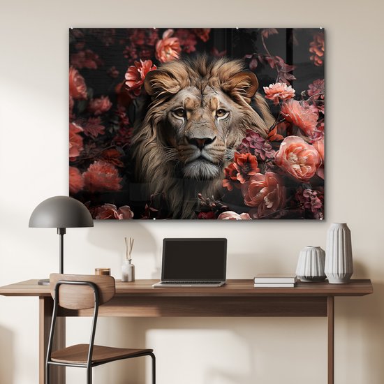 MuchoWow® Glasschilderij 120x90 cm - Schilderij acrylglas - Leeuw - Dier - Natuur - Botanisch - Bloemen - Roze - Foto op glas - Muurdecoratie woonkamer - Wanddecoratie slaapkamer - Schilderijen