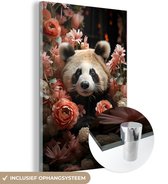 MuchoWow® Glasschilderij 80x120 cm - Schilderij acrylglas - Panda - Dier - Bloemen - Natuur - Botanisch - Foto op glas - Schilderijen