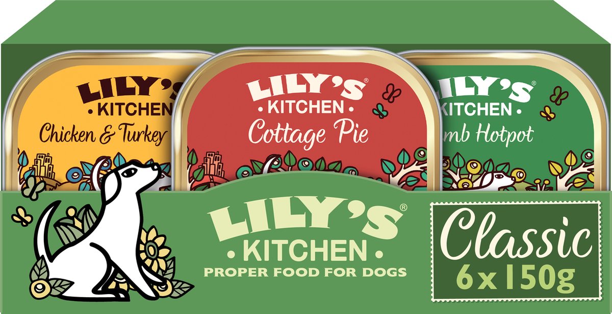 Lily's Kitchen Lily's Kitchen - Hondenvoer - Natvoer - Classic Dinners Multipack Kip, Kalkoen, Lam & Rund - 6 x 150 g