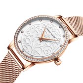 HANNAH MARTIN horloge met kristal diamantjes, gouden stalen polsband, witte wijzerplaat, gouden horlogekast en gouden wijzers voor dames met stijl ( model 1073 B-WFF )