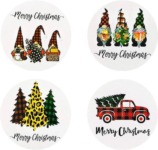 Foto: 40 merry christmas stickers 10 stuks per motief kerst gnoom kabouter auto kerstboom zwart rood doorsnede 2 5 cm