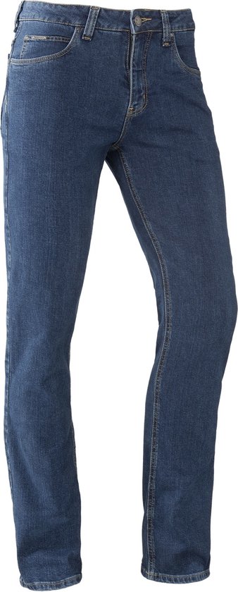 Blauwe stretch jeans met vijf zakken en stiksels.