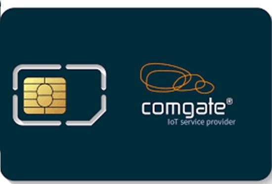 Donkerblauwe Comgate IoT datakaart met chip en logo.