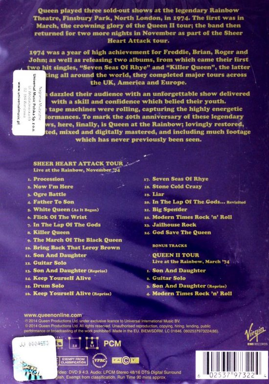 Queen - SHEER HEART ATTACK TOUR Live at the Rainbow, November '74 DVD. Tracklist van nummers.