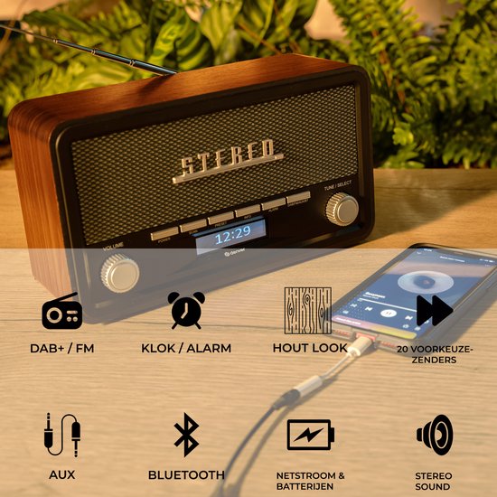 Denver DAB Radio - Retro Radio - Bluetooth - DAB+/ FM - Dimbaar - Batterijen & Netstroom - DAB18