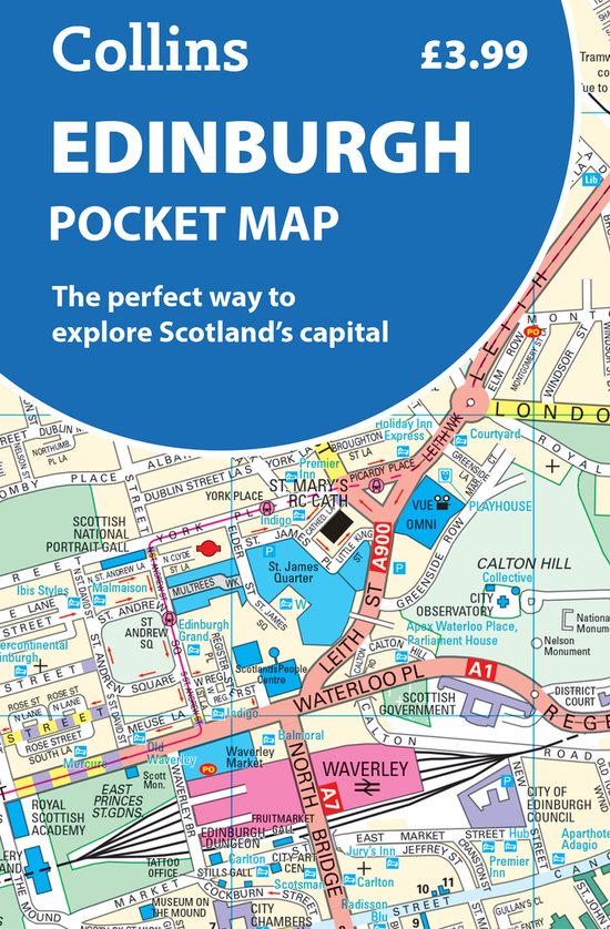 Een compacte stadskaart van Edinburgh met de titel 'Collins EDINBURGH POCKET MAP' en de prijs £3.99.