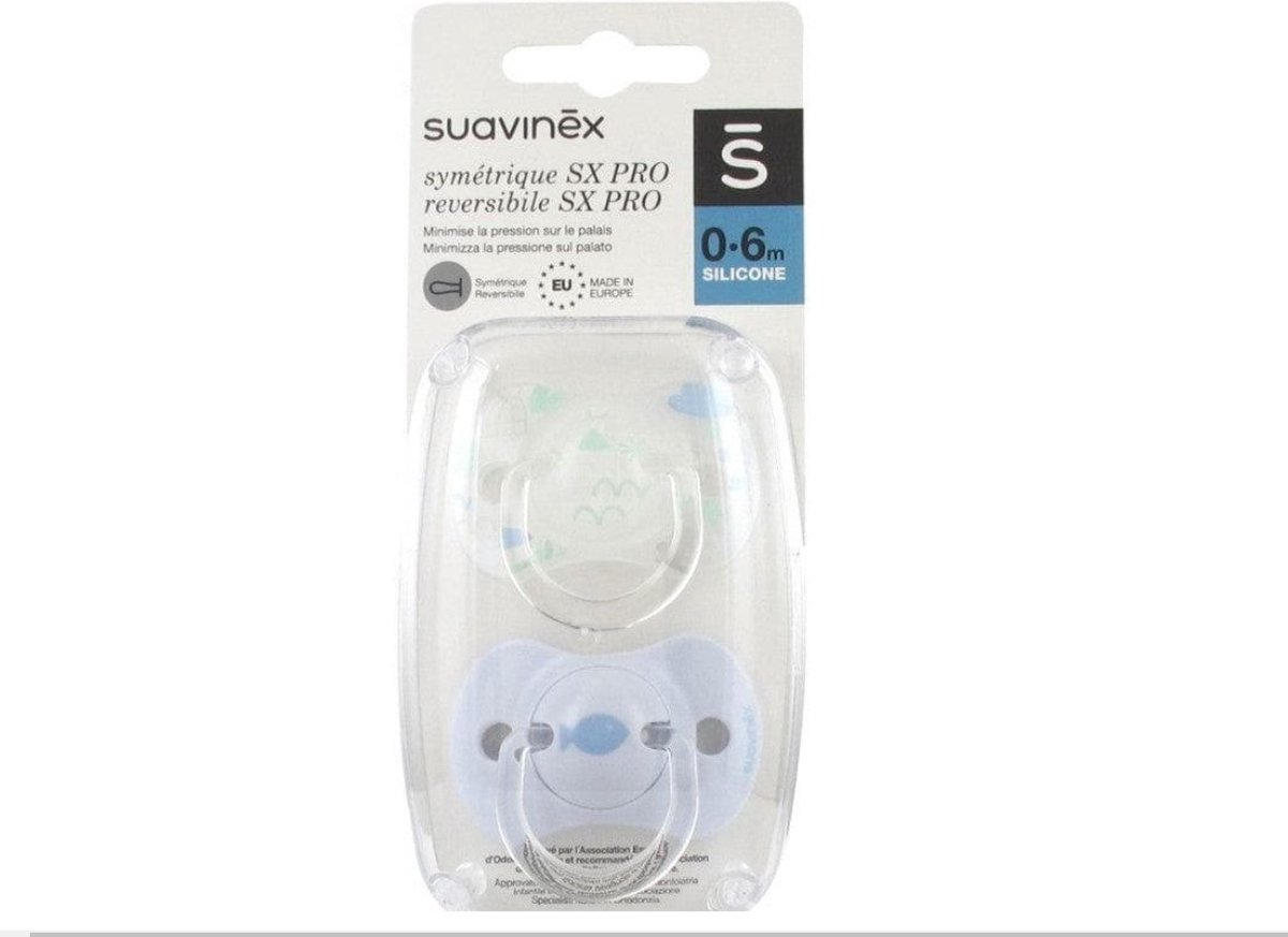 Suavinex SX Pro Fysiologische speen 0-6 Mnd. Transparant met print/licht blauw met vis 2 stuks