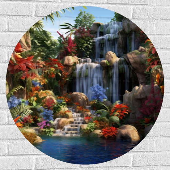 Muursticker Cirkel - Waterval - Bloemen- Kleuren - Planten - 80x80 cm Foto op Muursticker