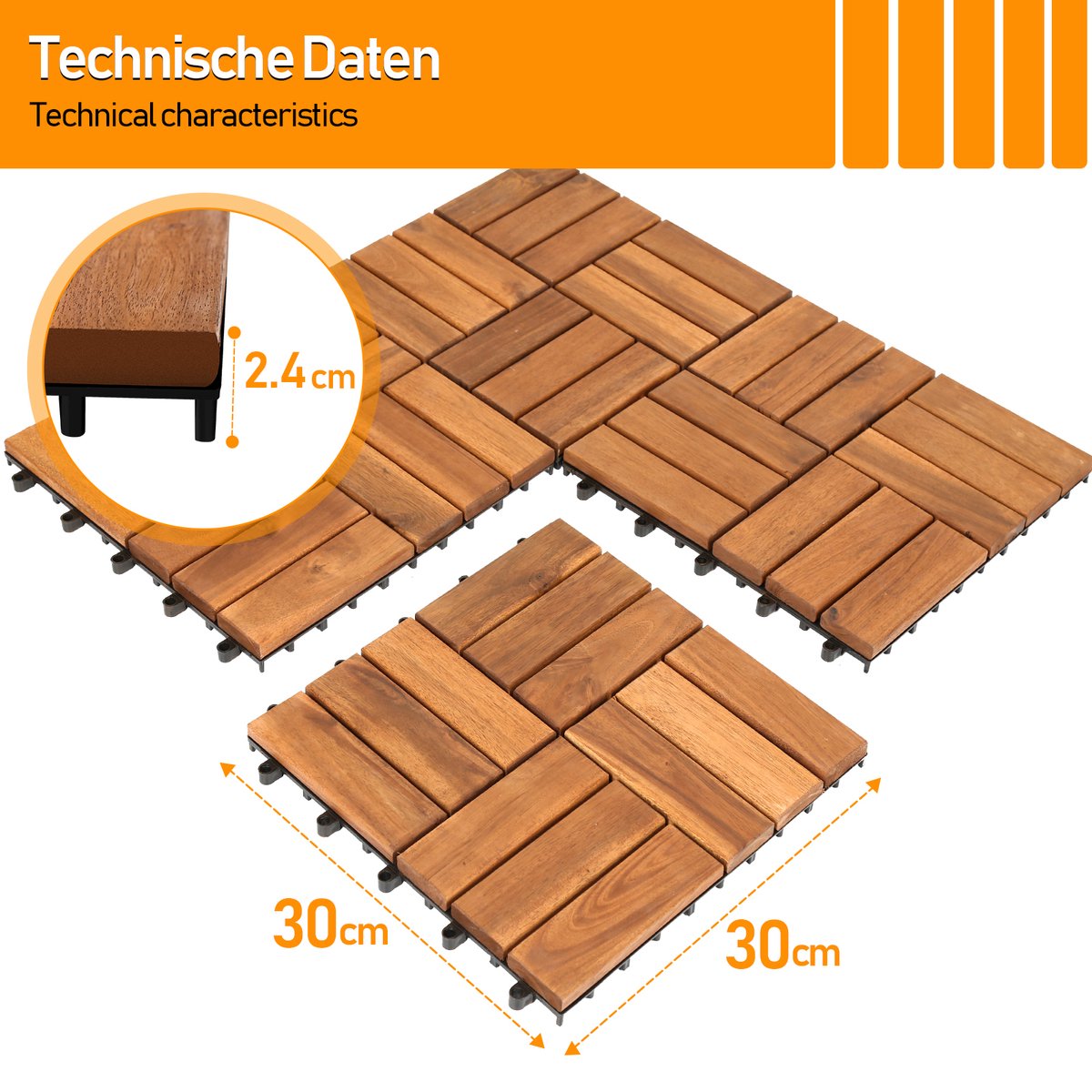 Jaxguom Houten tegels voor buiten, 30 x 30 cm, acaciahout, 11 stuks, 1 m², balkonvloerbedekking (6 latten), terrasvloer buiten, kliktegels, terras, mozaïek voor tuin, patio