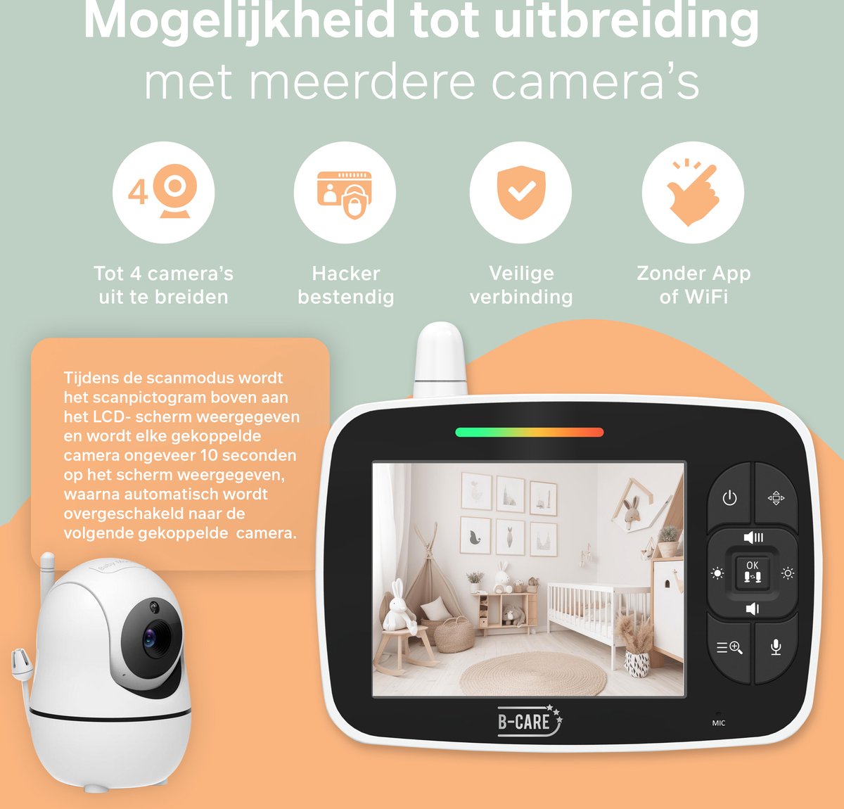Afbeelding 2 van B-care Starlight Mini - Babyfoon Met Camera - 3.5 Inch LCD Baby Monitor - Uitbreidbaar Tot 4 Camera's - Zonder Wifi en App
