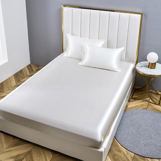 Hoeslaken 200 x 200 cm wit satijn zijdeglanzend laken hoogwaardig luxe effen hoeslaken geschikt voor matrassen tot 30 cm