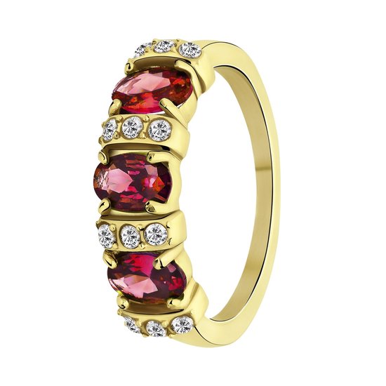 Lucardi Dames vintage ring met rode zirkonia – Maat 63 – 20mm - Ring - Cadeau - Staal goldplated - Goudkleurig