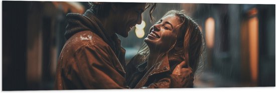 Vlag - Man - Vrouw - Liefde - Regen - Koppel - 120x40 cm Foto op Polyester Vlag