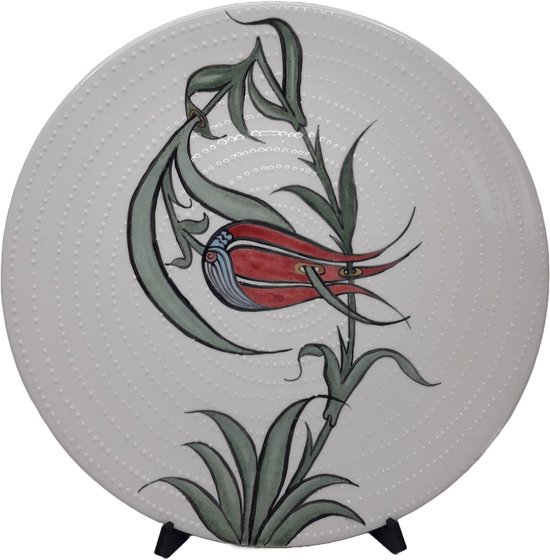 Keramiek wandbord - handmade - wit, groen, rood - met tulp motief - Ø 30 cm - handgeschilderd - handgemaakt- aardewerk - cadeau - sierbord - wanddecoratie - muurdecoratie - valentijnscadeau - vaderdagcadeau -verjaardagscadeau