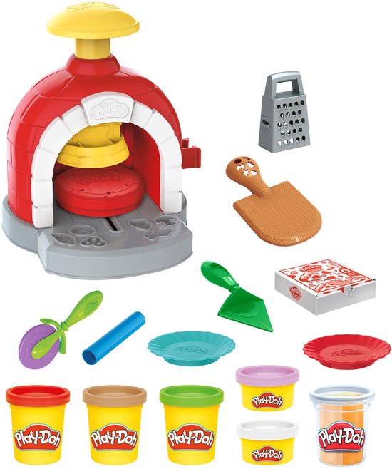 Play-Doh pizzaoven set met oven, 6 potjes klei, pizzasnijder, deegroller, rasp, spatel en pizzadoos.