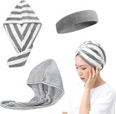 2-pack gestreepte drooghaarhoeden met grijze hoofdband, absorberende handdoek voor droog haar met knopen, sneldrogende douchemuts, handdoek voor droog haar, superabsorberend, grijs