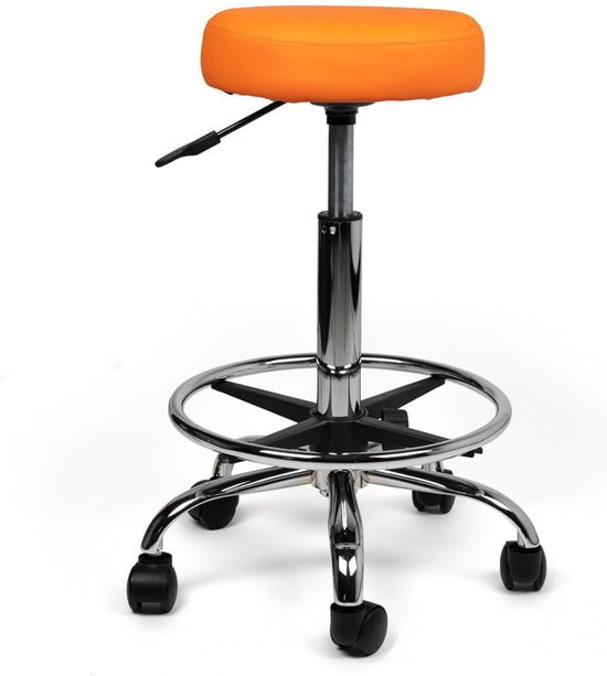 Tabouret Oranje Standaard met Voetring - Zithoogte 50/68cm - kruk op wielen - krukje - werkkruk - zadelkruk - bureaukruk - kapperskruk - verstelbaar - draaikruk - tabouret - zadelkruk met rugleuning - tot 160kg