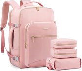 4-delige Reisrugtas rugzak handbagage L Roze - 17 inch laptoptas, met 1 toilettas, 1 kledingorganizer, 1 schoenentas - reistas voor volwassenen, 40L rugzak met 3 pakkubussen - grote capiciteit 46x36x20cm