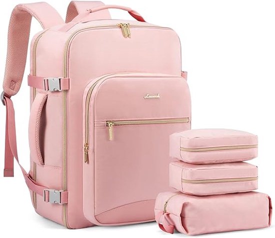 4-delige Reisrugtas rugzak handbagage L Roze - 17 inch laptoptas, met 1 toilettas, 1 kledingorganizer, 1 schoenentas - reistas voor volwassenen, 40L rugzak met 3 pakkubussen - grote capiciteit 46x36x20cm