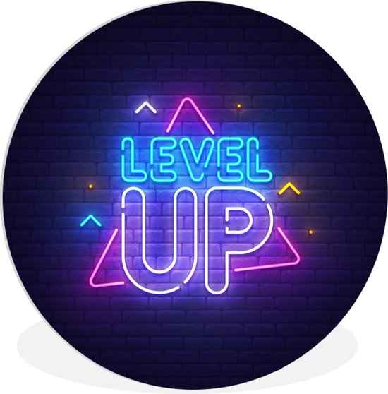 WallCircle - Wandcirkel ⌀ 60 - Gaming - Neon - Level Up - Quotes - Gamen - Ronde schilderijen woonkamer - Wandbord rond - Muurdecoratie cirkel - Kamer decoratie binnen - Wanddecoratie muurcirkel - Woonaccessoires - Game room decoratie