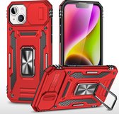 Podec Hoesje geschikt voor iPhone 15 Plus Rood Telefoonhoesje - Anti-Shock Case Cover Hybrid Armor Hoes met Kickstand Ring met Screenprotector