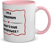 Akyol - i'm a bonusmom what's your superpower? koffiemok - theemok - roze - Mama - super bonusmoeder - moeder cadeautjes - moederdag - verjaardag - geschenk - kado - 350 ML inhoud