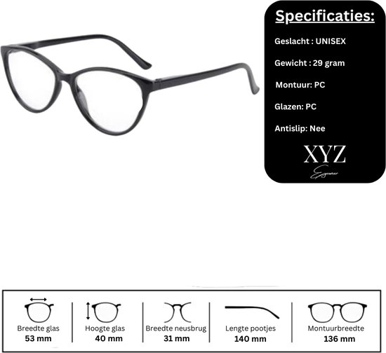 XYZ Eyewear Set de 4 Lunettes de lecture +2,50 - Femme - Homme - Lunettes de lecture - Trendy - Lunettes de lecture - Lunettes de lecture avec prescription - Avantage - Cateye - Avec prescription +2,50