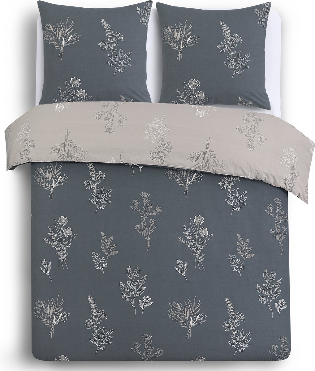 VISION Helena - Tweezijdig omkeerbaar Dekbedovertrekset - 100% katoen: zacht en soepel - Kingsize - Dekbedovertrek 260 x 240 cm met 2 bijhorende slopen - Beige / Grijs - Oekotex gecertificeerd
