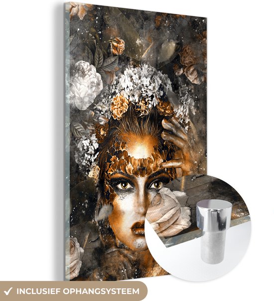 MuchoWow® Peinture sur Verre - Femmes - Fleurs - Or - 20x30 cm - Peintures sur Verre Acrylique - Photo sur Glas