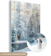 MuchoWow® Glasschilderij 60x80 cm - Schilderij acrylglas - Hert - Winter - Bos - Foto op glas - Schilderijen