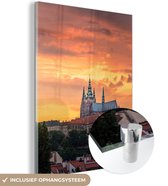 MuchoWow® Glasschilderij 120x160 cm - Schilderij acrylglas - Praag - Zon - Toren - Foto op glas - Schilderijen