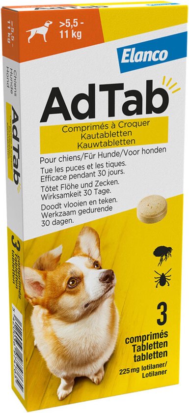 Elanco - Adtab Anti Vlooien en Teek Kauwtabletten - Hond - Bescherming - > 5,5 - 11 kg - 3 Tabletten - 1 Keer Per Maand
