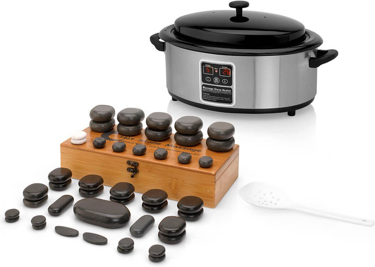 Goedkoopste ZenGrowth® Hotstoneset – 45 Hotstones – 6 Liter Hotstone Heater – Inclusief Houten Lepel – Elektronisch display – Snelle opwarmtijd – Digitale temperatuurregeling – 100 basaltsteen