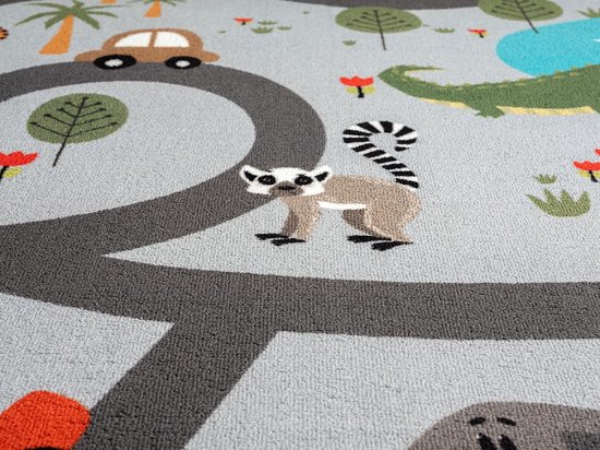 the carpet Happy Life - Kinderkamer, kindertapijt, speeltapijt, wasbaar, wegtapijt, wegen, jungle, dieren, auto, Grijs-jungle, 140 x 200 cm