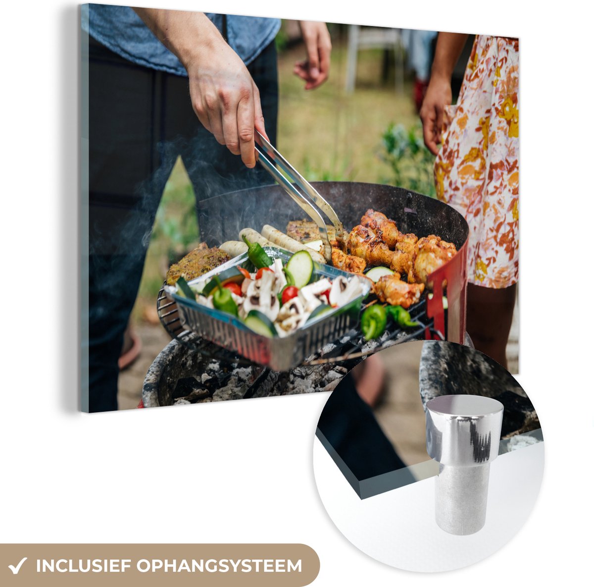 ® Glasschilderij 60x40 cm - Schilderij acrylglas - Vlees en groente op de barbecue - Foto 