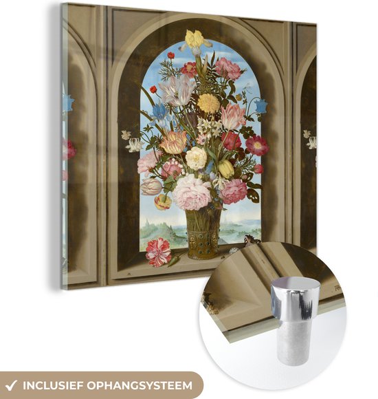 MuchoWow® Glasschilderij - Vaas met bloemen in een venster - Schilderij van  Ambrosius... | bol