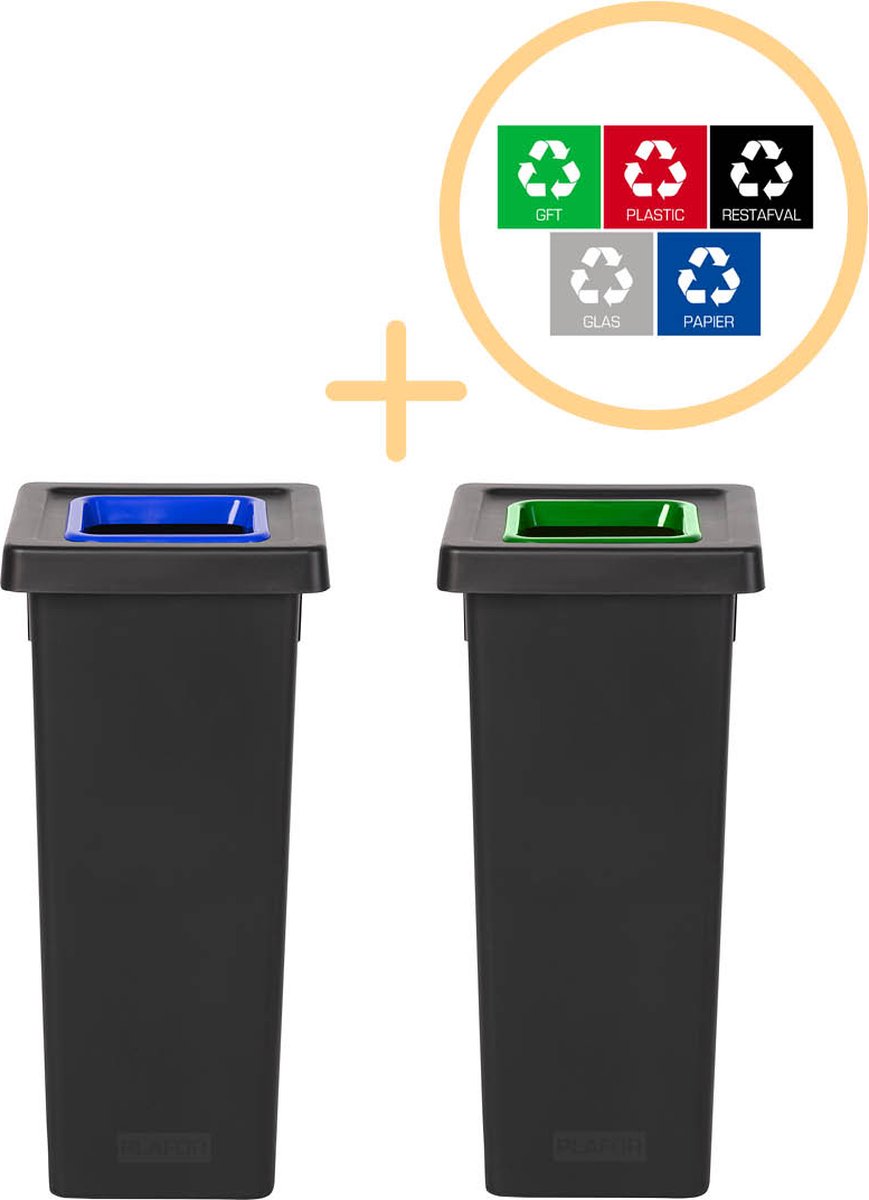 Goedkoopste Plafor Fit Bin Prullenbak voor afvalscheiding - 53L – Set van 2, Blauw/Groen- Inclusief 5-delige Stickerset - Afvalbak voor gemakkelijk Afval Scheiden en Recycling - Afvalemmer - Vuilnisbak voor Huishouden, Keuken en Kantoor - Afvalbakken