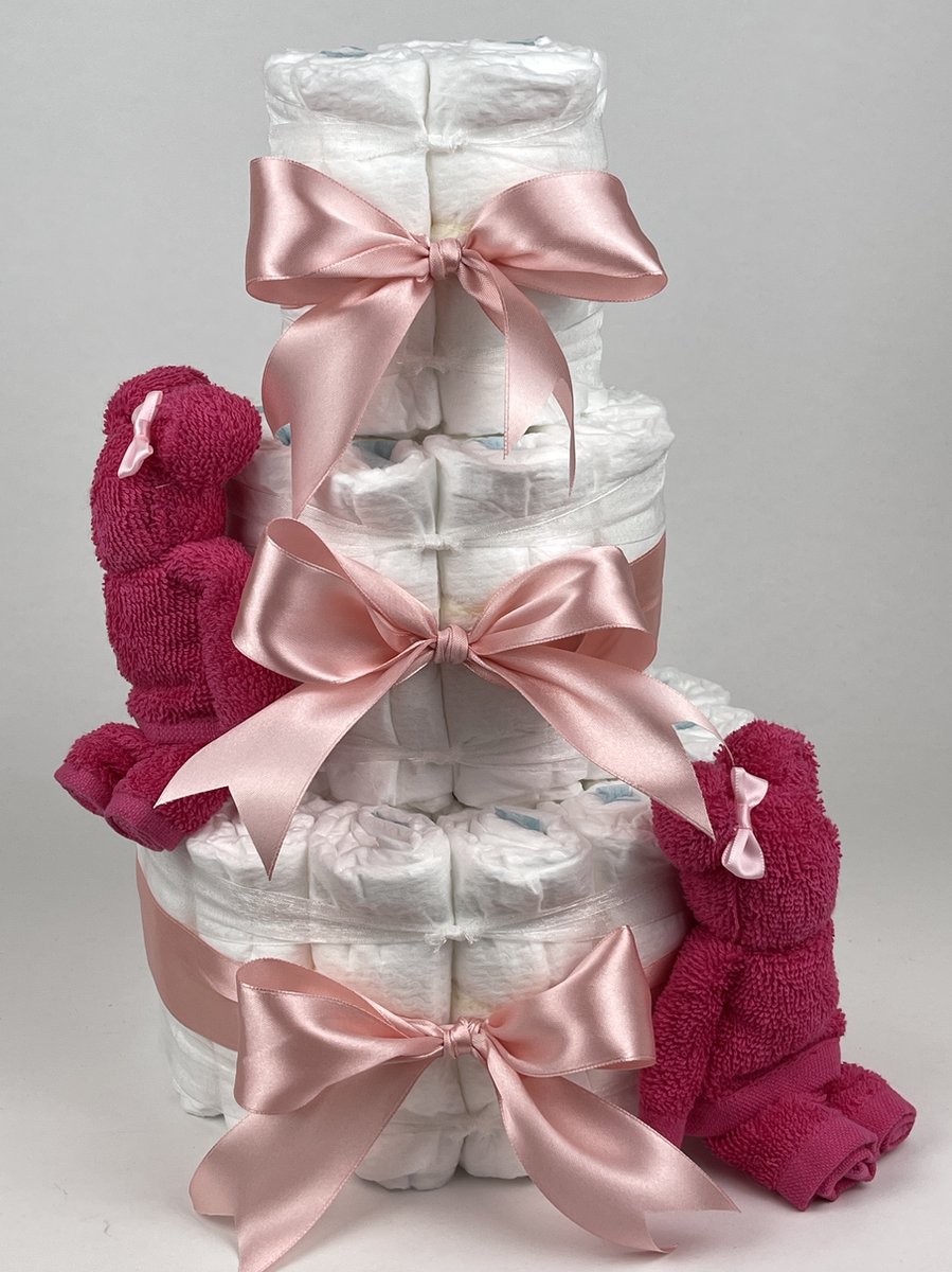 Goedkoopste Chouette-Chouette | Luiertaart Meisje | Kraamcadeau | Geboorte Meisje | Babyshower | Beren Fuchsia roze - donker Poeder Roze
