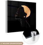 MuchoWow® Glasschilderij 50x50 cm - Schilderij acrylglas - Vrouw - Black and gold - Line art - Foto op glas - Schilderijen