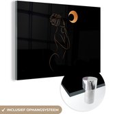 MuchoWow® Glasschilderij 120x80 cm - Schilderij acrylglas - Vrouw - Maan - Goud - Line art - Foto op glas - Schilderijen