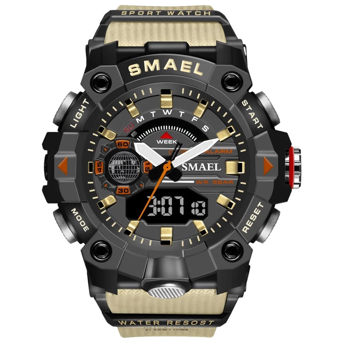 Digitaal Shockbestendig Horloge Zwart Khaki | Smael | Waterdicht 5ATM | Glow in dark | Mud Master | Mudmaster | Shock | Licht | Rubberen band | 8040 | Timer | Eyecatcher | Master | kado | Cadeau