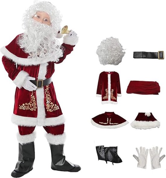 Kerstman verkleedkostuum Santa Claus Kerstmis kostuum Sinterklaas voor kinderen 8-delig, maat XL.