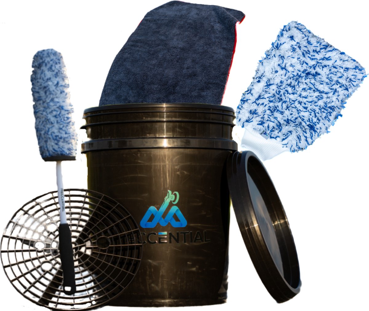 Meccential Voordeel Pakket - Korting - Besparen - WasPakket - VIER essentiële producten - Drying Towel - 1200GSM - Wheel Woolie - Wheel Brush - Bucket - Bucket Gridguard - 20L Bucket - MicroFiber - Washing mitt - Washandschoen