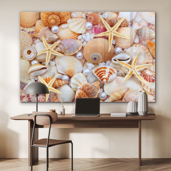 Peinture sur verre - Photo sur verre - Coquillage - Perles - Étoile de mer - Décoration murale - 150x100 cm - Peinture sur verre - Décoration murale - Photo sur verre - Peinture sur verre plage - Verre acrylique