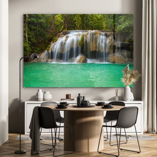 Le parc national thaïlandais d'Erawan avec les cascades Plexiglas 180x120 cm - Tirage photo sur Glas (décoration murale plexiglas) XXL / Groot format!