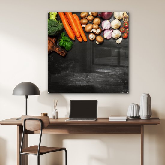 MuchoWow® Glasschilderij 90x90 cm - Schilderij acrylglas - Wortel - Groente - Kruiden - Specerijen - Rustiek - Foto op glas - Schilderijen
