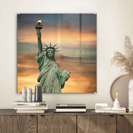 MuchoWow® Peinture sur verre 50x50 cm - Peinture sur verre acrylique - New York - Statue de la Liberté - Coucher de soleil - Photo sur verre - Peintures