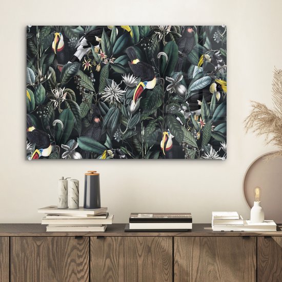MuchoWow® Peinture sur verre 60x40 cm - Peinture sur verre acrylique - Fleurs - Toucan - Feuilles - Photo sur verre - Peintures